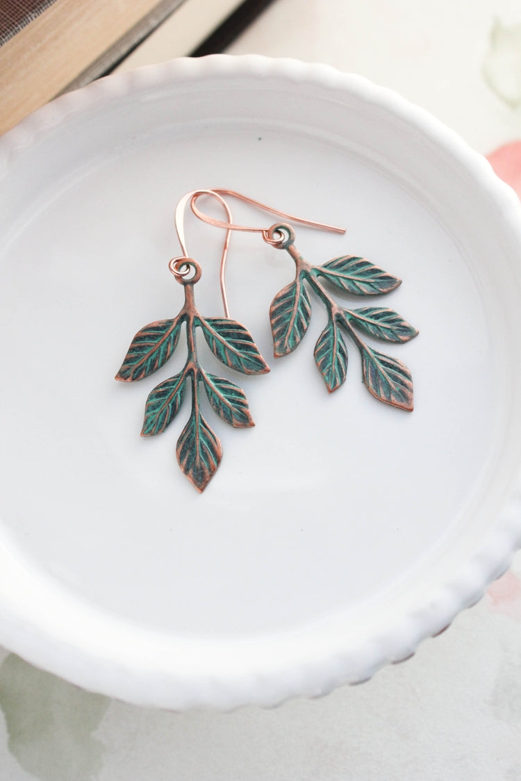 Copper Patina Branch Earrings - Matte Mint