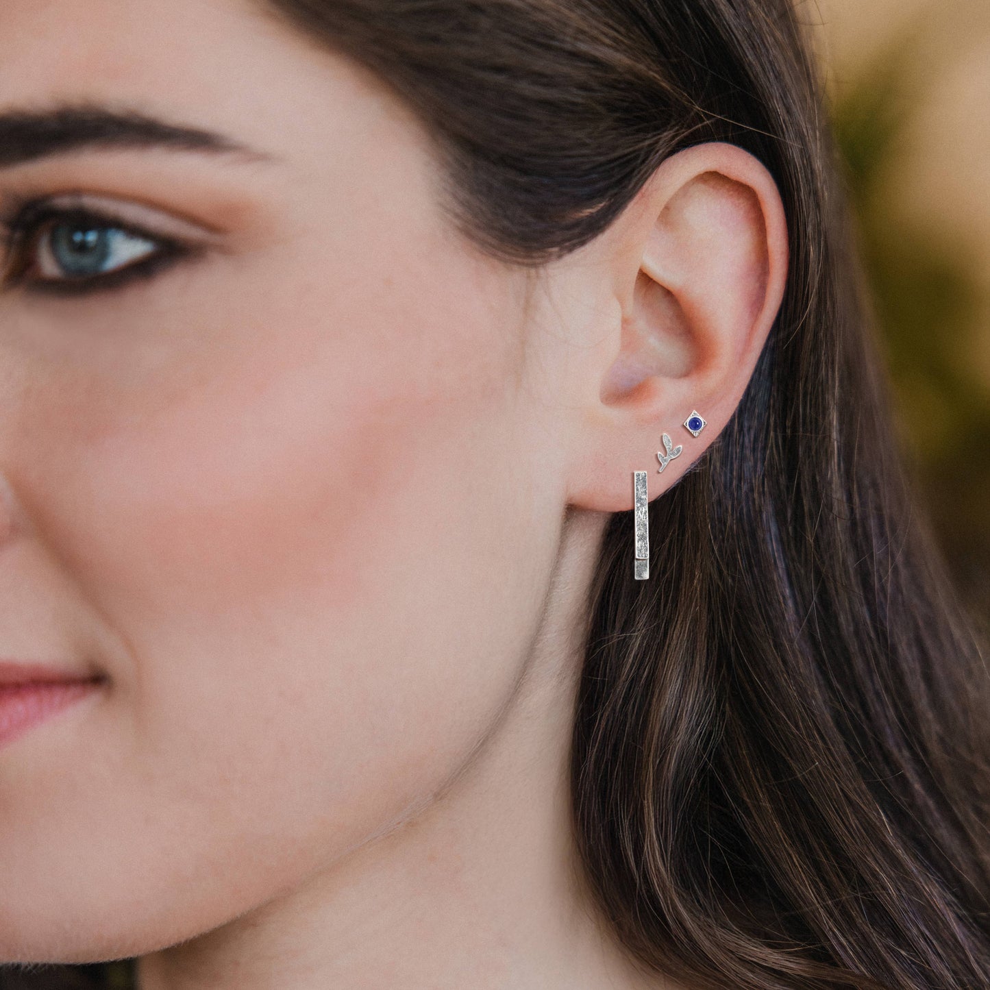 Stud Trio Ear Jacket Set - Leaf/Lapis/Silver