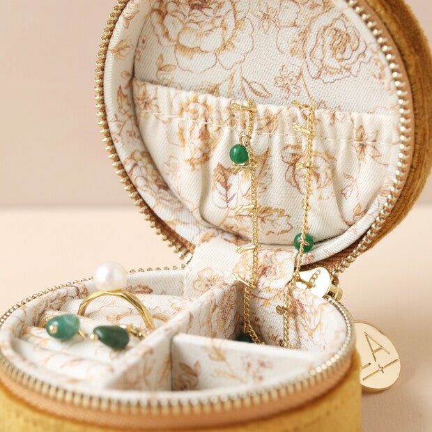 Mustard Velvet Round Travel Jewelry Case
