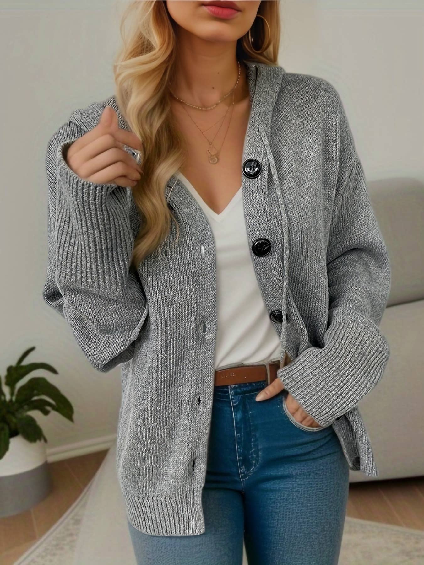 Hooded single breasted sweater drawstring cardigan