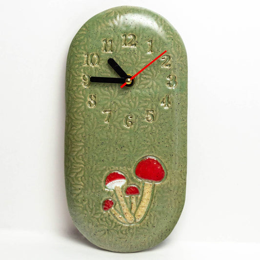 Mushrooms On Green Ceramic Wall Clock Handmade