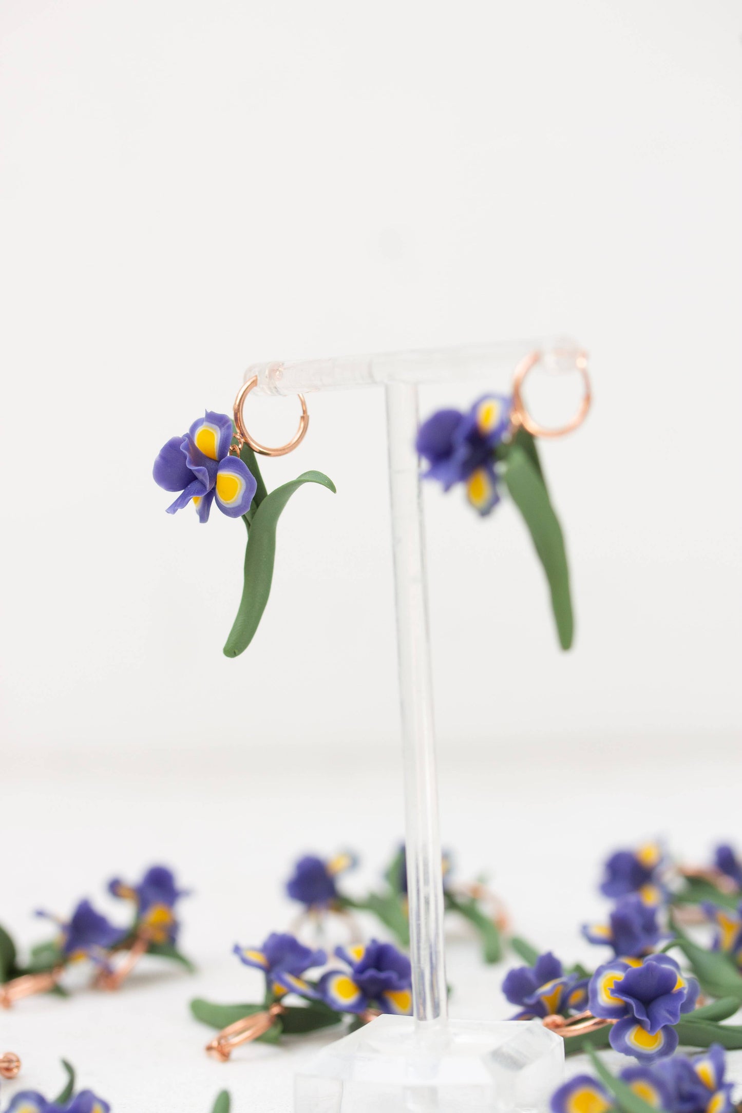 Blue Iris Clip-On Earrings – Handmade Polymer Clay Jewelry