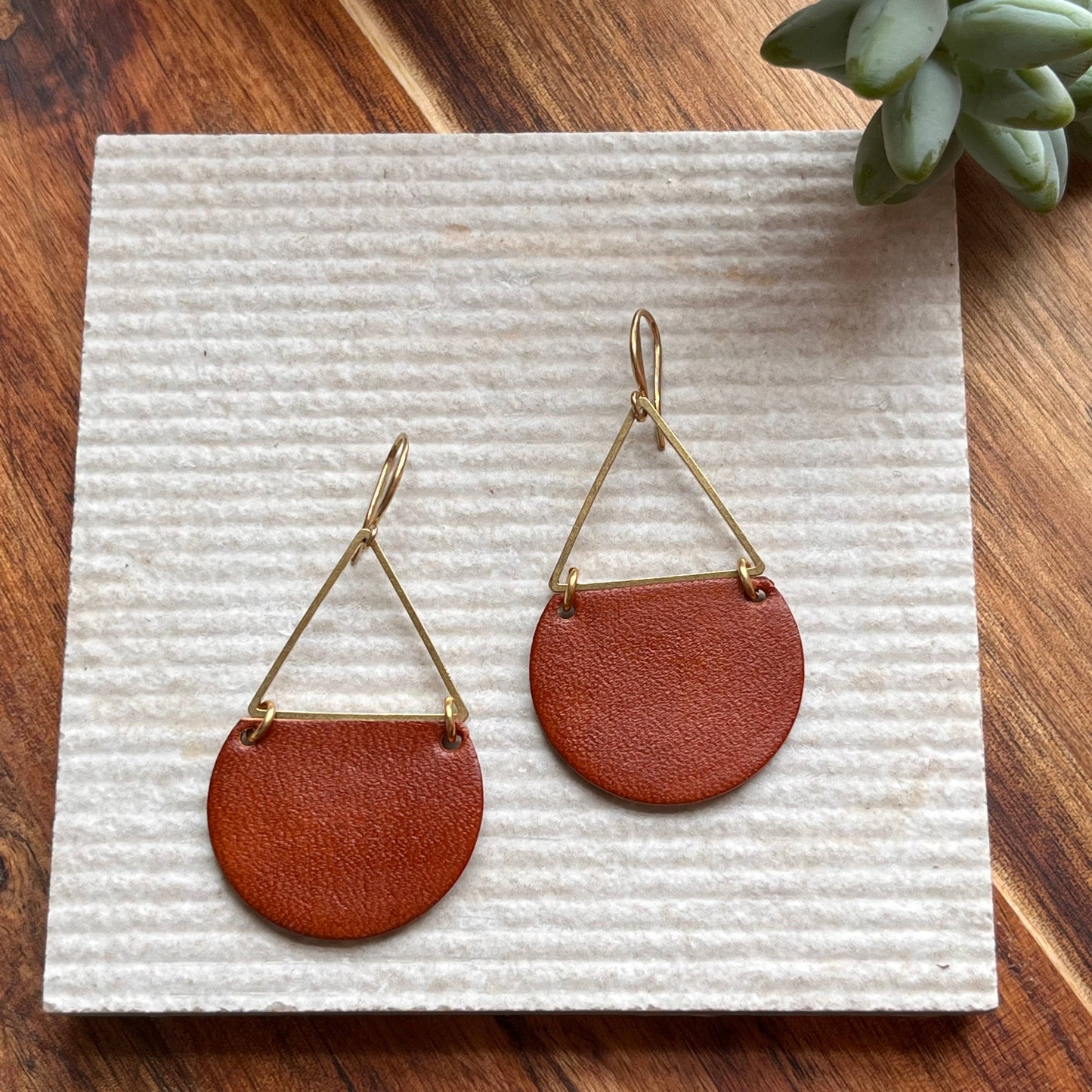 Hand Dyed Leather and Brass Triangle Earring