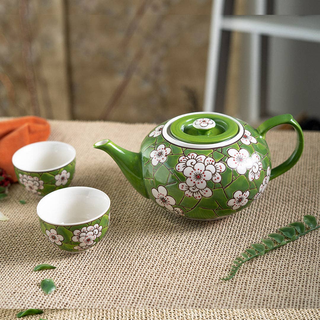 Ume Plum Blossoms Green Tea Set 26oz Tea Pot with 2 Cups