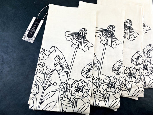 Black and White Floral Linen Tea Towel