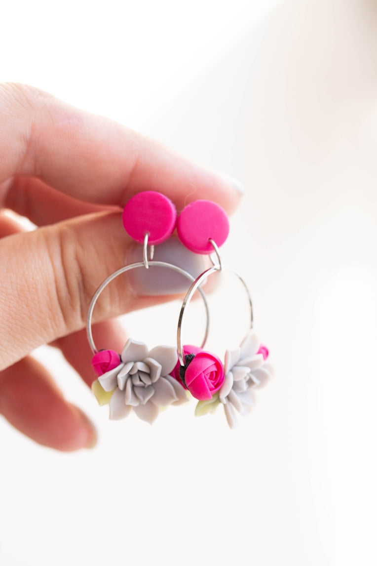 Gray Hot Pink Succulent Dangle Earrings