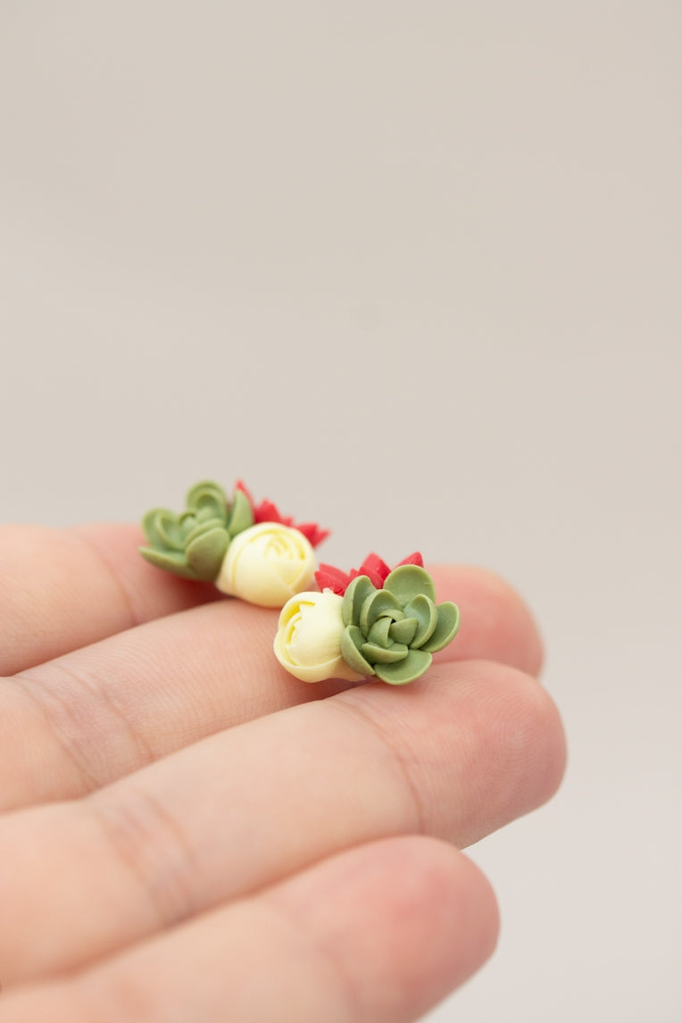 Handmade Succulent and Floral Bouquet Earrings - Red Green