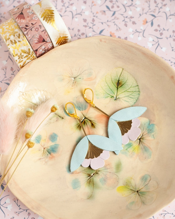Ginkgo Flower Earrings – Blue Sky and Pale Pink Leather