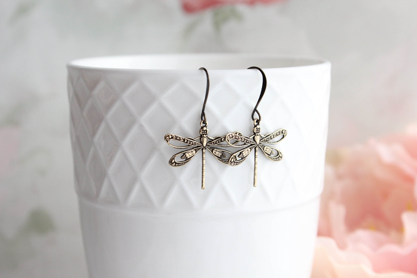 Dragonfly Earrings Antiqued Gold