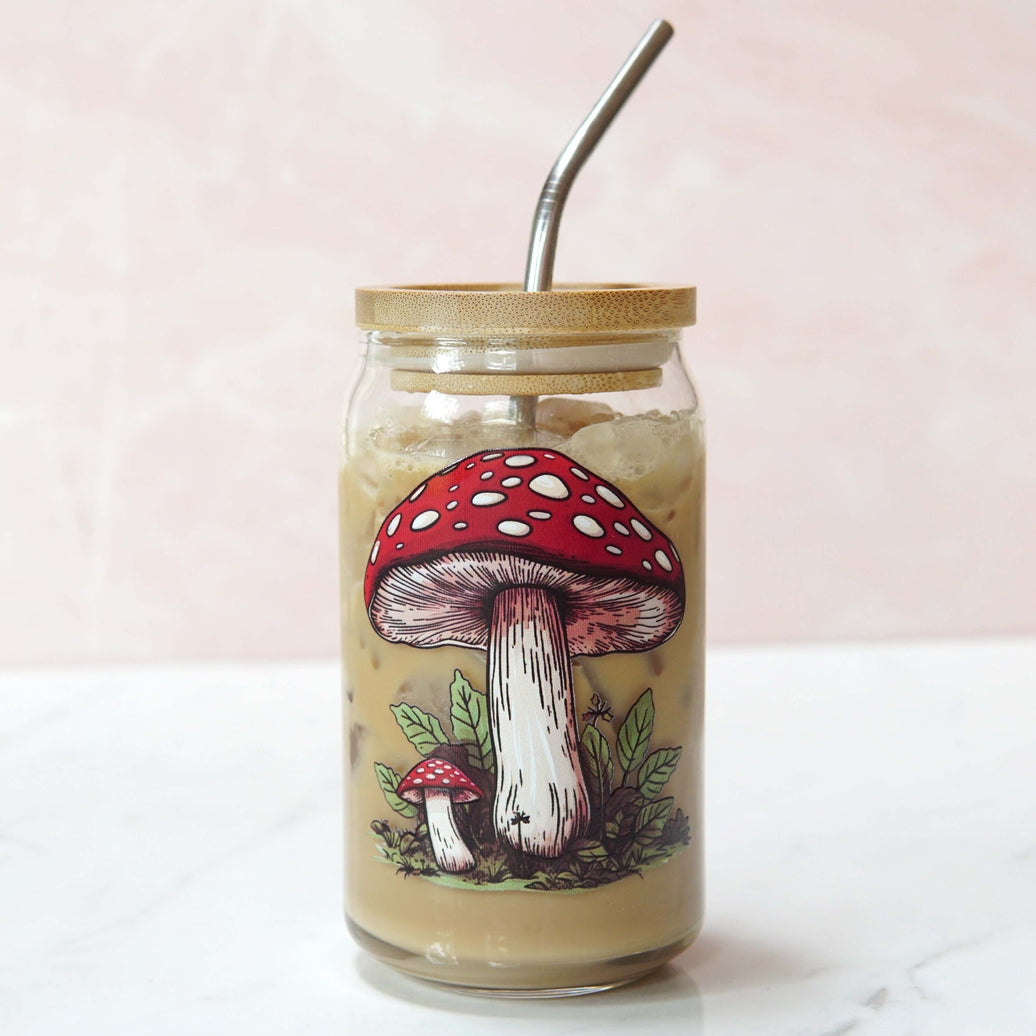 Wild Mushrooms 16oz Can Glass With Acacia Lid & Straw