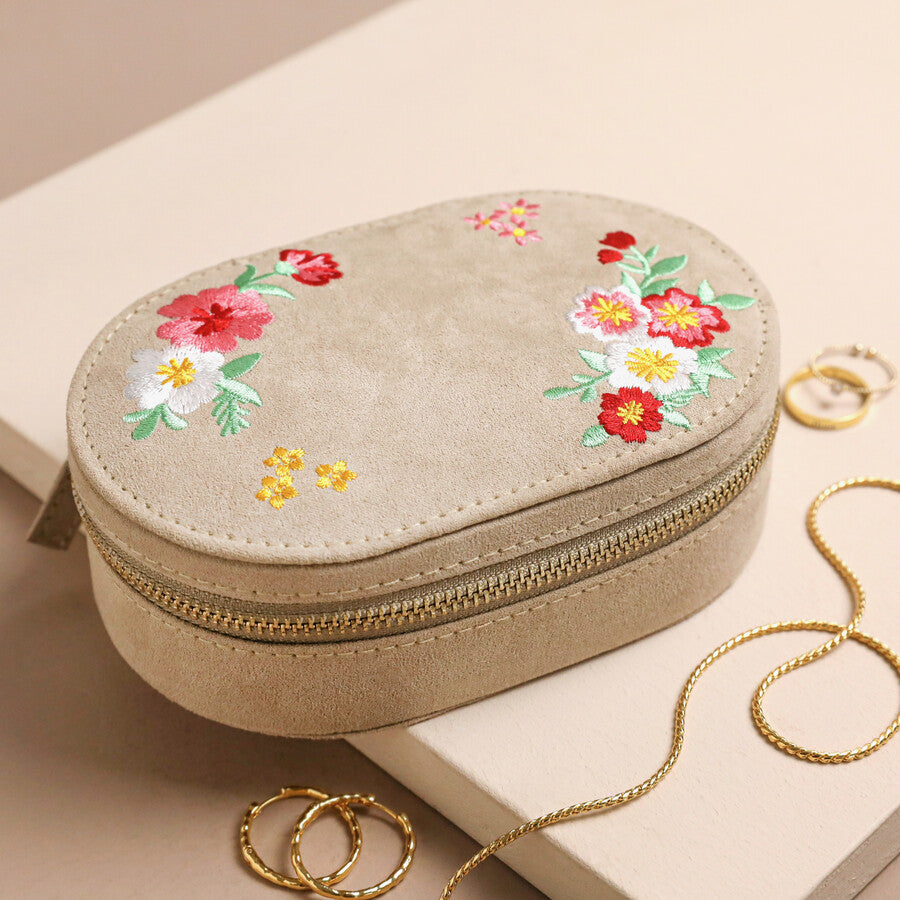 Embroidered Flowers Oval Travel Jewelry Case