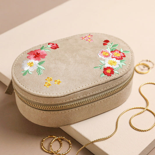 Embroidered Flowers Oval Travel Jewelry Case