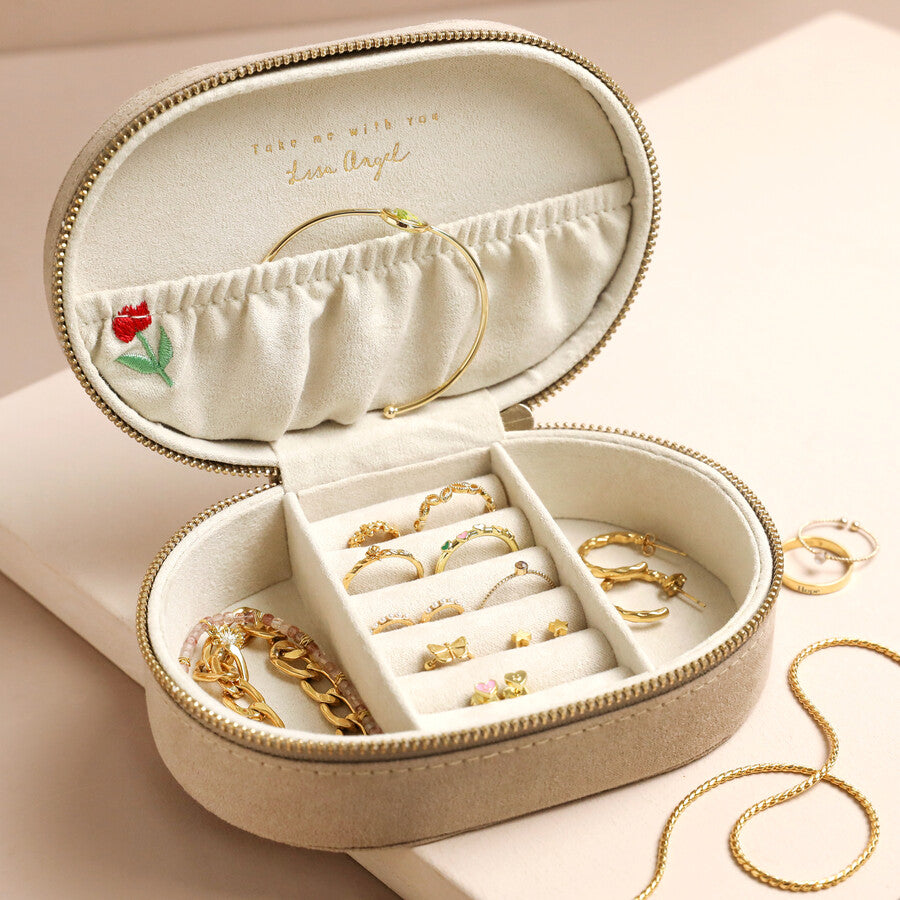 Embroidered Flowers Oval Travel Jewelry Case