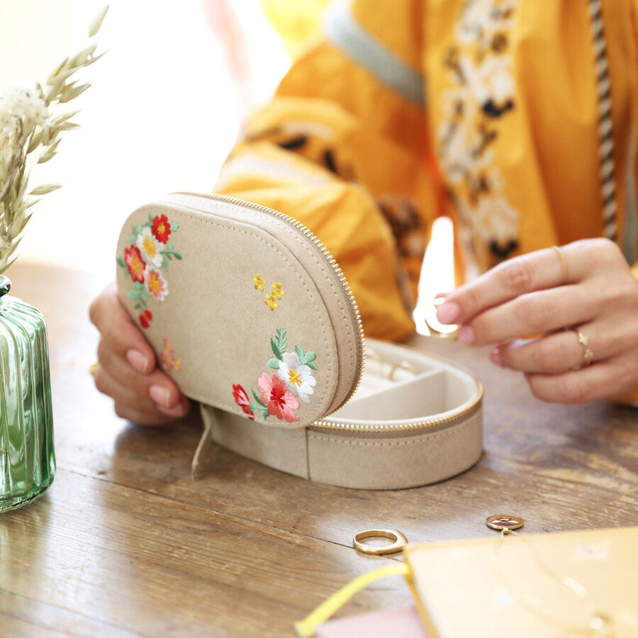 Embroidered Flowers Oval Travel Jewelry Case