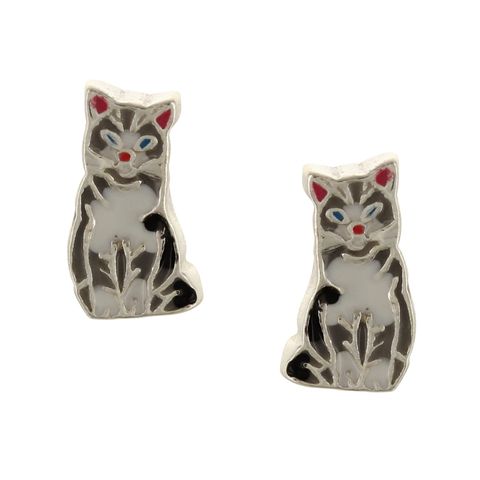 Kitty Cat Stud Earrings Grey & White