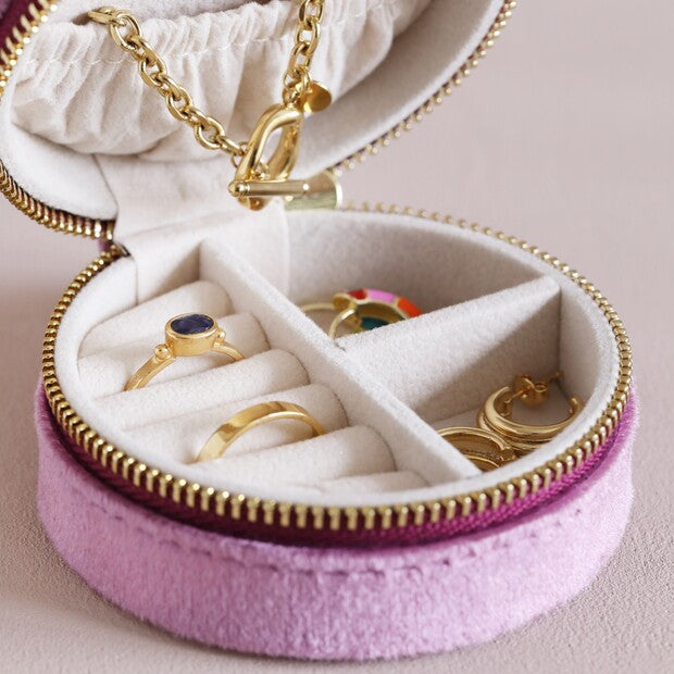 Mauve Pink Velvet Round Travel Jewelry Case