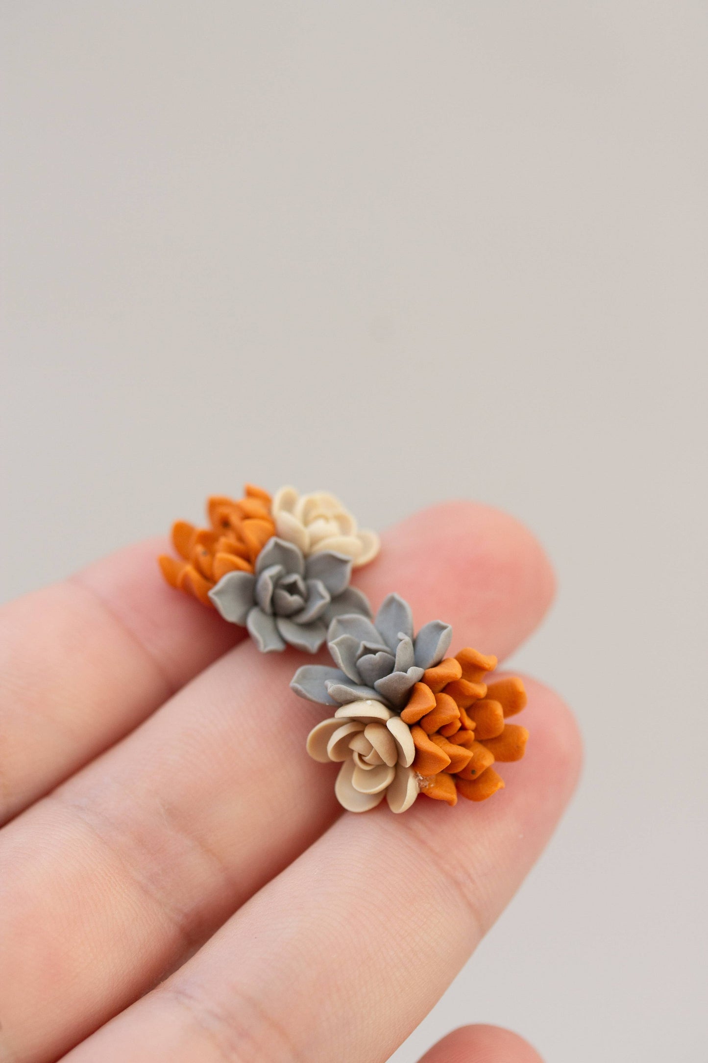 Succulent Stud Earrings - Orange Gray Echeveria Plant