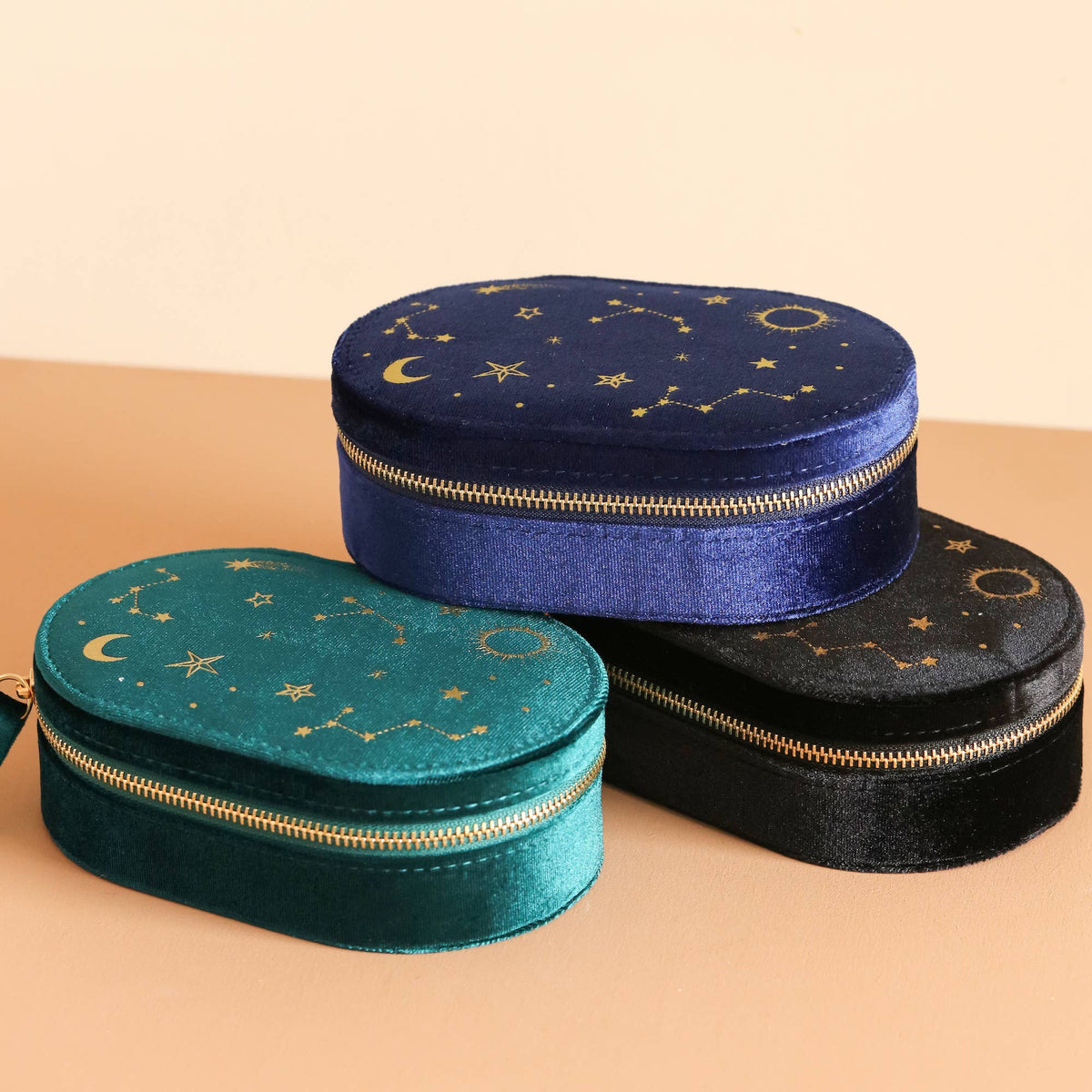 Starry Night Printed Velvet Oval Jewellery Case in Teal