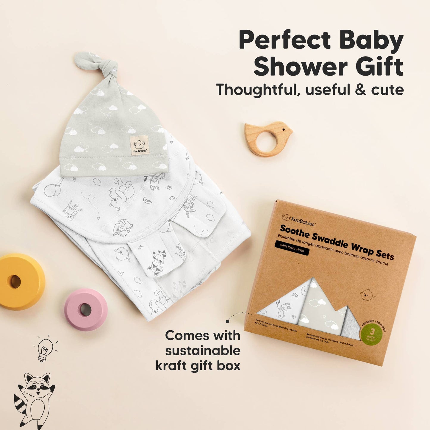3-Pack Soothe Baby Swaddles 0-3 Months with Knot Hat