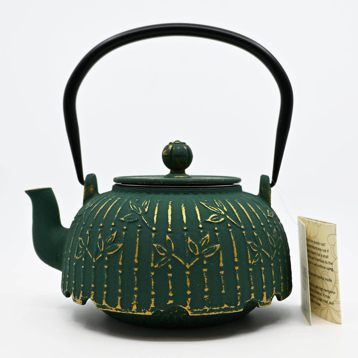 Green Bamboo Design 32oz Cast Iron Tea Pot