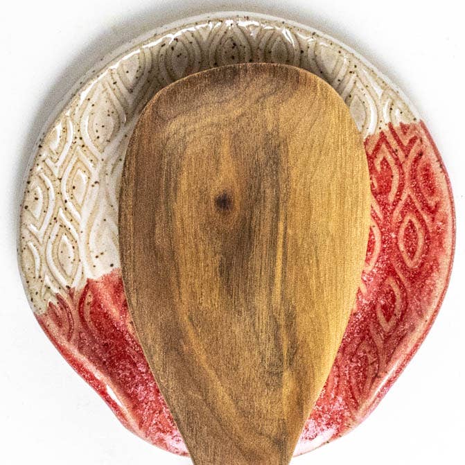 Patterned Red & White Ceramic Spoon Rest Handmade