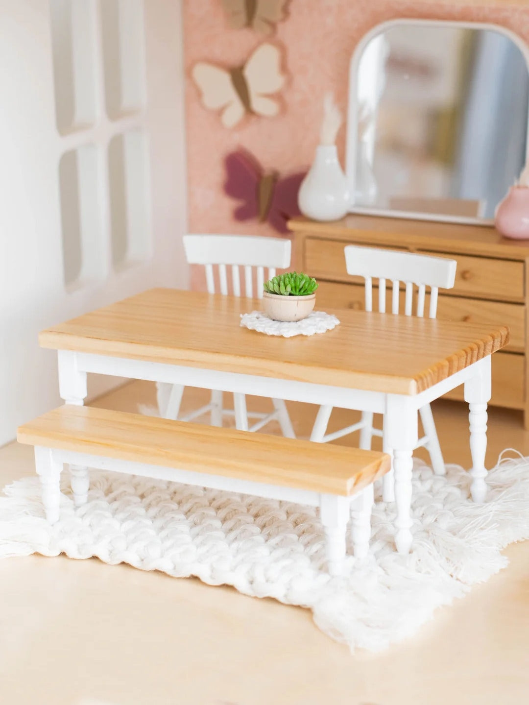 Dollhouse Farm Style Dining Table Natural Wood & White