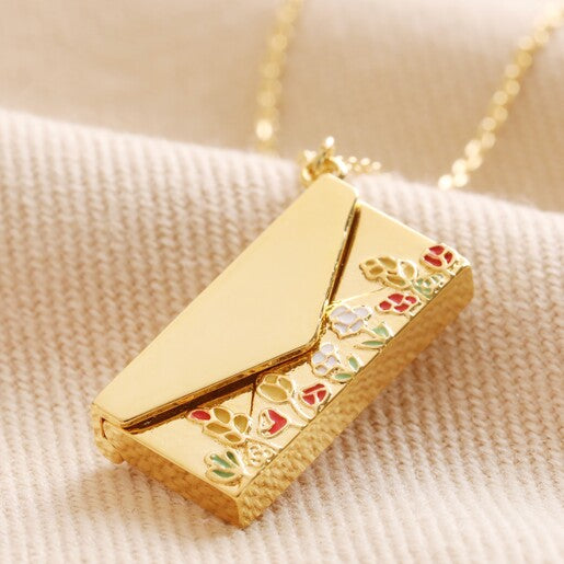 Wildflower Envelope Locket Pendant Necklace in Gold