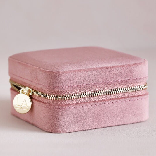 Rose Pink Velvet Square Travel Jewelry Case