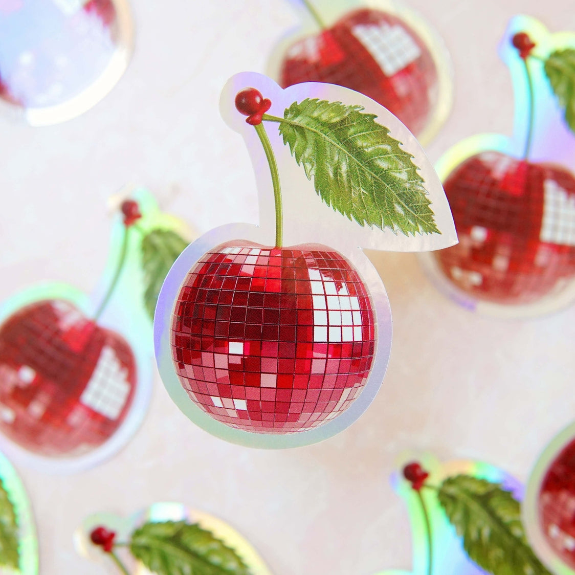 Cherry Holographic Disco Mirror Ball Sticker - 3"