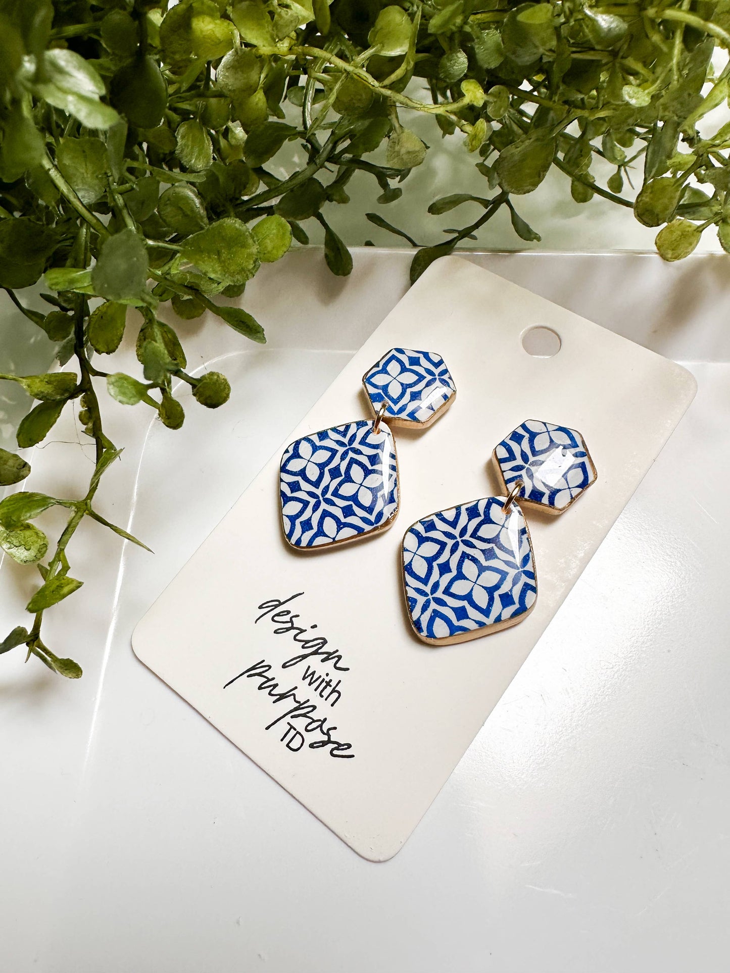 White and Blue Tile Pattern Earrings