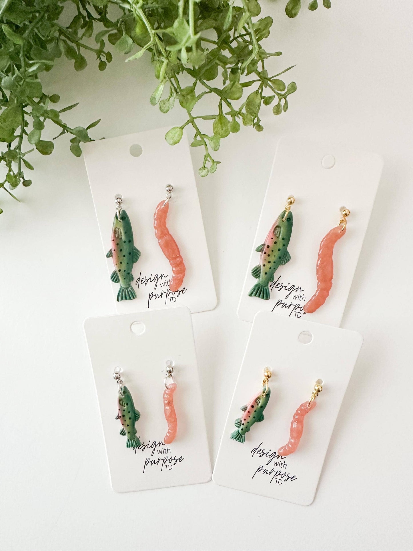 Rainbow Trout and Worm Clay Statement Earrings