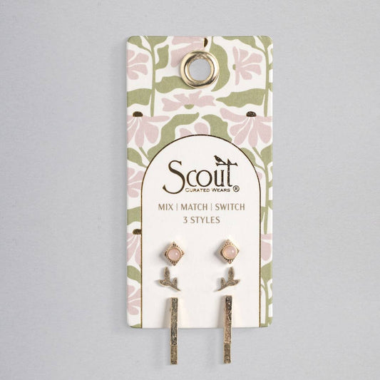 Stud Trio Ear Jacket Set - Leaf/Rose Quartz/Gold