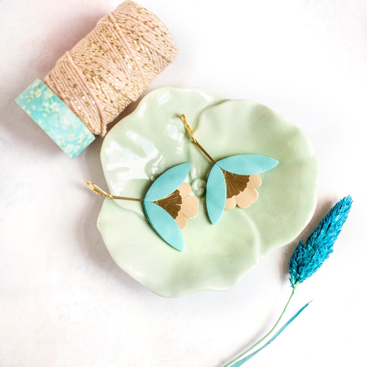 Ginkgo Flower Earrings – Cyan Blue and Beige Leather