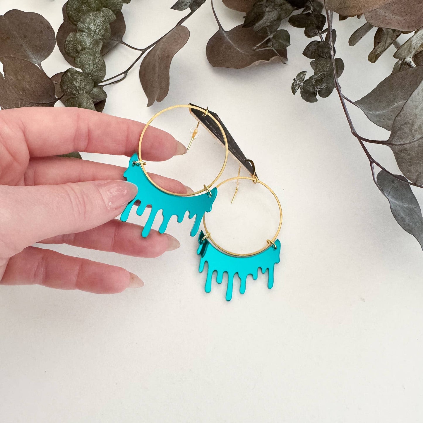 Dripping "Slime" Acrylic Hoop Earrings: Mirrored Teal