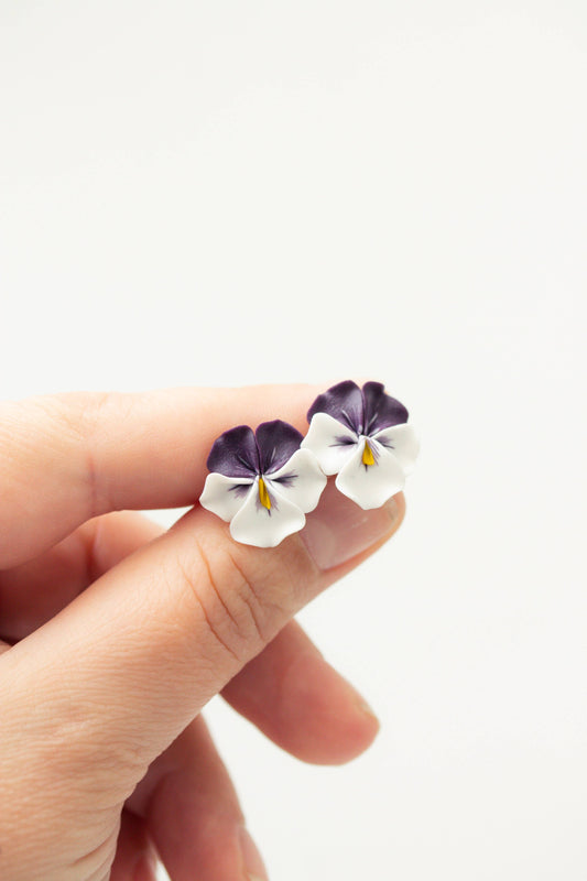 Purple White Pansy Earrings
