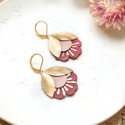 Cherry Flower Earrings – Gold, Pink, Garnet Leather