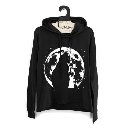 Ladies Black Lightweight Long Sleeve Hooded Tee Cat Moon