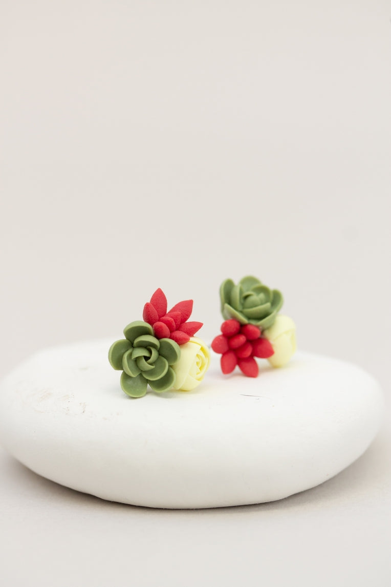 Handmade Succulent and Floral Bouquet Earrings - Red Green