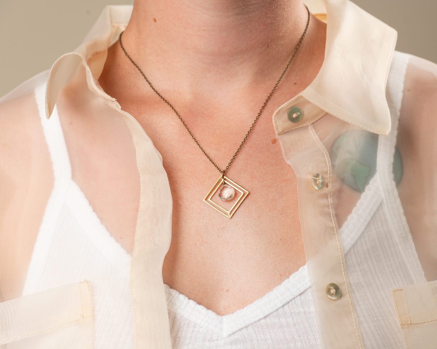 Clear Quartz Inside Double Golden Diamond Necklace